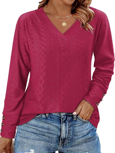 KISSMODA Long Sleeve Fall Shirts For Women V Neck Tunic Tops Embroidered Button Down Knitted Blouses 2025