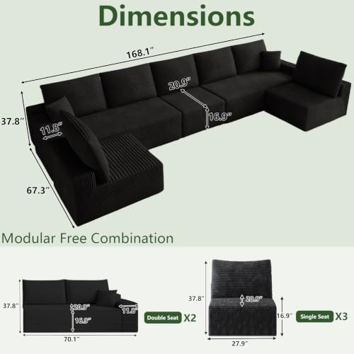 Image of Oversized Modular Sectional Sofa Couch, Large 7 Seater Corner Sofa Modern U Shaped Sectional Couch Cloud Couches for Living Room, Office, Spacious Space, Corduroy, No Assembly Required, Black