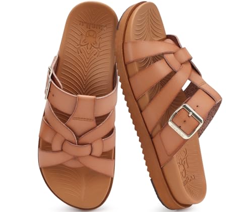 KuaiLu Gladiator Sandals for Women Comfortable Arch Support Summer Beach Walking Flat Criss Cross Strappy Slides Boho Dress Outfits Fisherman Slip on Cushion Leather Shoes Indoor Outdoor Khaki Size 8