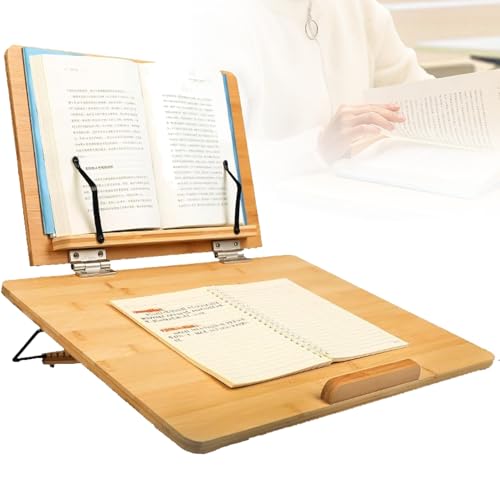 Soporte de bambú para libros, plegable y ajustable, de madera, para libros de cocina, partituras, laptop, recetas y libros de texto, fácil de usar y almacenar