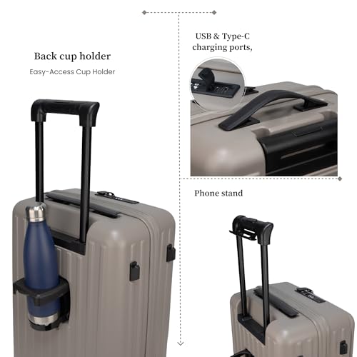 Image of F Gear Montreal Small Cabin Pro 54cm German Polycarbonate Hard Luggage |8 Japanese Hinomoto Silent Wheels|USB & Type-C Charging, Phone Stand & Cup Holder | Front Opening Suitcase for Travel|Taupe