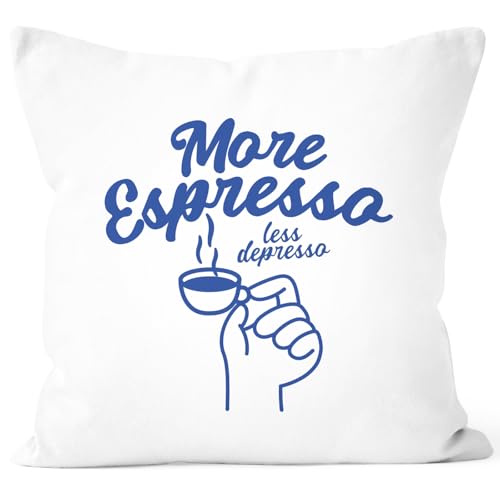 Housse de coussin More Espresso Less Depresso blanche pour canapé