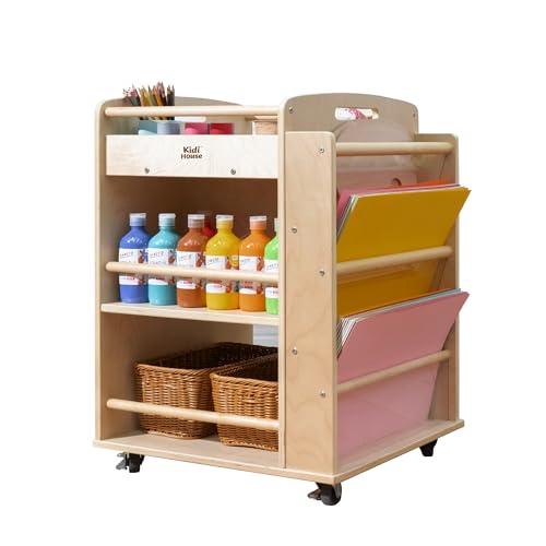 kidi house Art Activity Cart Wooden Rolling Utility Cart with Wheels 3-Tier Art Cart Organizer for Kids Multi-Functional Movable Birch Storage Cart Art and Crafts Supply Shelf Montessori Furniture