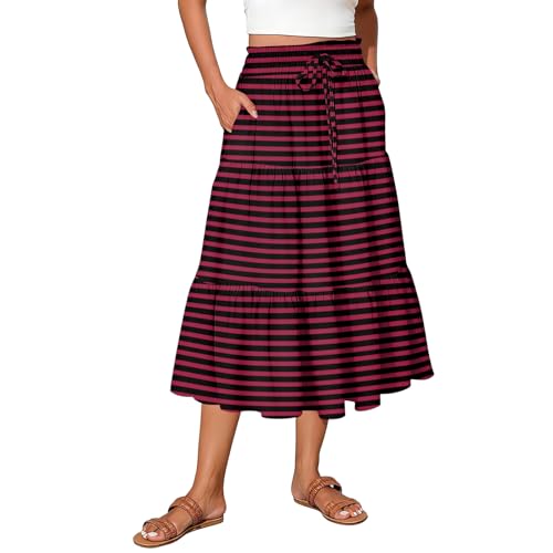 Genérico Falda Larga con Estampado Patchwork para Mujer, con Cintura elástica y Bolsillos. Falda Larga Informal de Corte A para el día a día.(2-Vino,S)