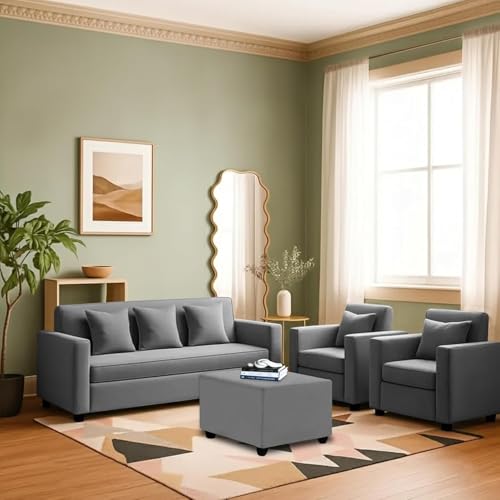 Image of 3+1+1 Seater Sofa Set with Ottoman - Modern Velvet Fabric Sofa Set for Living Room, Deep Seating Comfort - Grey