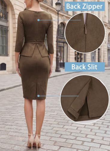 Image of VFSHOW Womens Work Business Office Front Zipper Peplum Church Sheath Dress | 3 /4 Sleeves, Elegant, Spring Fall, Church, Funeral, Slimming Fitted Bodycon Dress