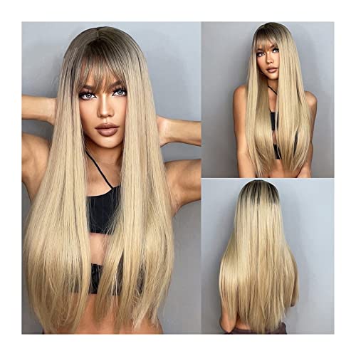 Perruque de cheveux blond clair synthétique longue et droite avec frange stylée