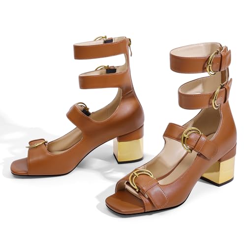 Image of LOCERICH Womens Heeled Sandals Chunky Block Heels Open Toe Strappy Comfortable Ankle Strap Gold Low Heel Dress Shoes for Women - Office, Date, Party, Summer Casual Outings
