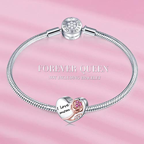 Forever Queen Mom Charm 925 Sterling Silver Mom Heart Love With 3D Rose Flower Charms Beads For Charms Bracelet Necklace Birthday Jewelry For Women #TOP5