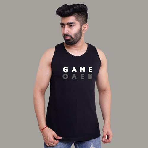 Image of Men's Cotton Tank Top with GAMEOVER Graphic Print, Sleeveless Vest