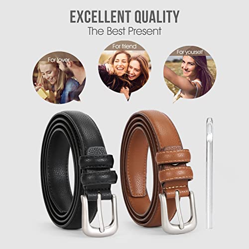 Suosdey 2 Pack Ladies Skinny Thin Leather Belts For Women Jeans With Pin Alloy Buckle Fashion Waist Belt For Dress Pants Formal Casual,Black And Brown #TOP4