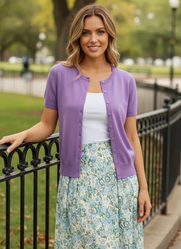 Image of GRACE KARIN Women Short Sleeve Cardigan, 2026 Summer Knitted Sweater Tops, Basic Crew Neck Crop Outfits