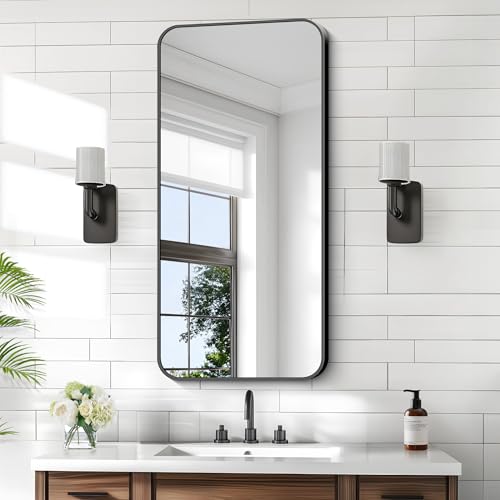 Image of KOCUUY Black Mirror 20 inch x 40 inch, Metal Frame Vanity Mirror for Wall, Rectangle Bathroom Mirror with Rounded Corner, Upgraded Shatterproof Glass for Bathroom, Bedroom, Hang Horizontal or Vertical