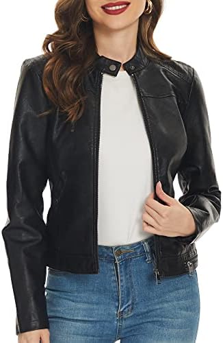 Fahsyee Black Faux Leather Jackets for Women Motorcycle PU Moto Biker Outwear Coat