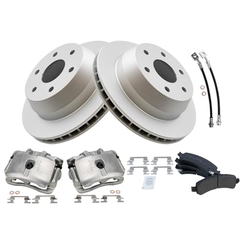 Image of TRQ Rear Brake Pad and Rotor Set Semi Metallic G Coated Rotors Calipers Compatible with 2002-2006 Cadillac Escalade Chevrolet Avalanche 1500 Suburban 1500 Tahoe GMC Yukon 2003-2006 Yukon XL 1500