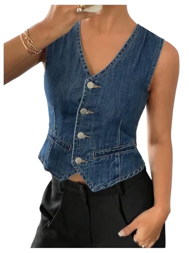 Floerns Women's Button Down Crop Jean Vest Tops V Neck