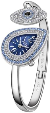 SAGA Angel's Eye Women's Luxury Cuff Bracelet Watch, Swiss Ronda Quartz Movement, Teardrop-Shaped Dial, 30M Water Resistant, 316L Stainless Steel Bracelet with 129 Danube Crystals