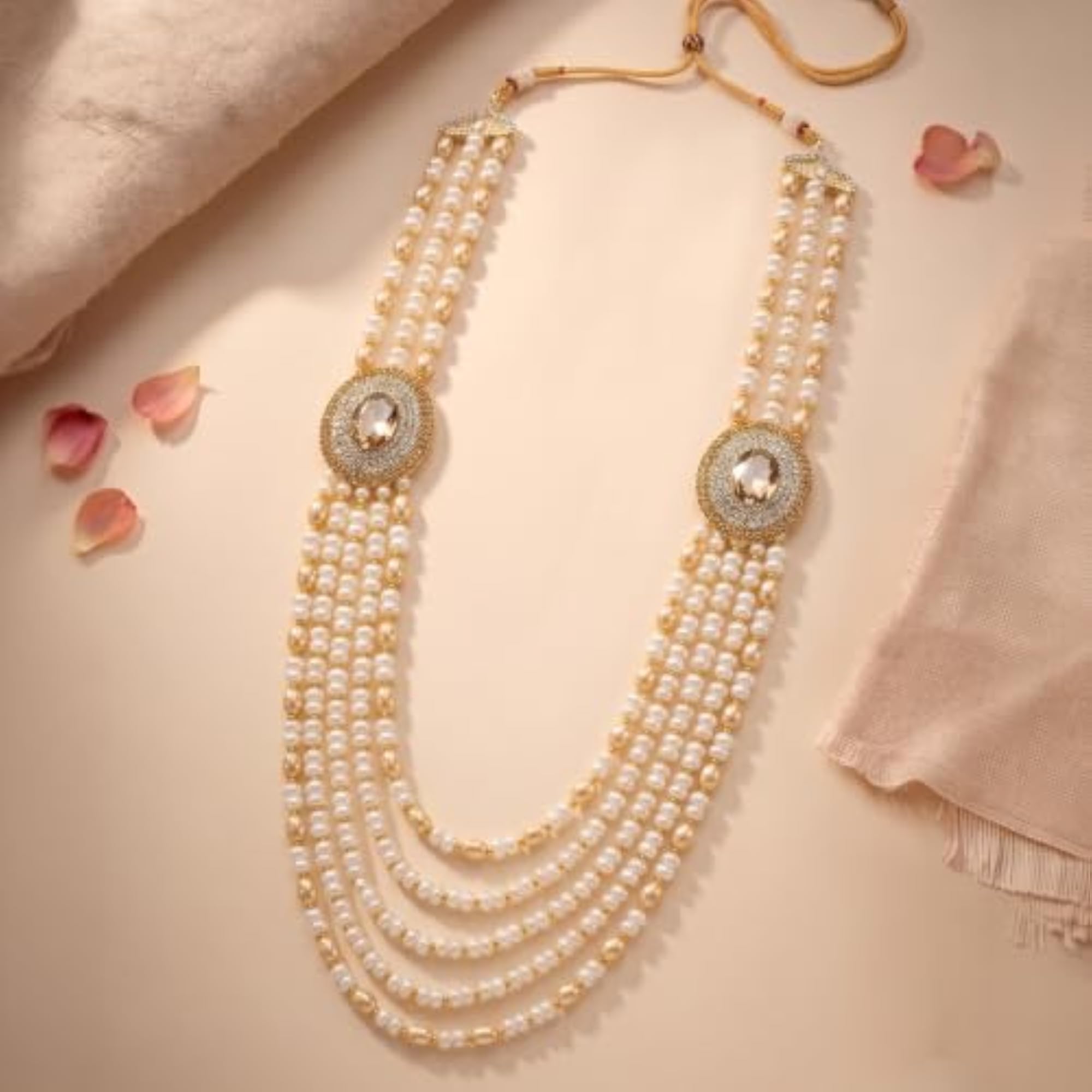 Champagne White Multi Layer Shervani Haar Necklace, Men's Ethnic Jewellery