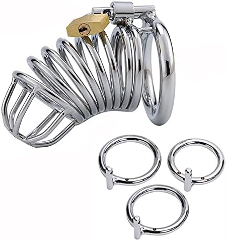 Uleade Male Chastity Device Cock Cage Steel Metal Silver Locked Cage Sex Toy for Men (3 Rings), Lock and 2 Keys Included