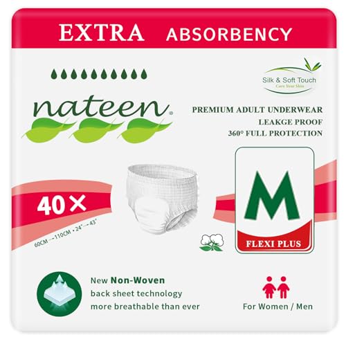 Nateen Flexi Plus Adult Incontinence Underwear, Unisex Overnight Plus Pull Up for Men and Women?Super Plus Absorbency Adult Diaper Pants,Invisible fit, Medium, 40 Count