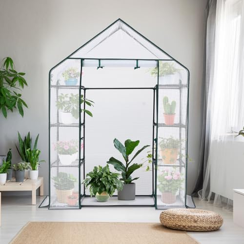Image of Ohuhu Small Greenhouse for Outdoors: 4 Tiers 6 Shelves Walk-in Indoor Green House Heavy Duty Plant Stands Reinforced Plastic PE Cover Mini Portable Warm House for Outside, 4.8x2.5x6.4 FT White