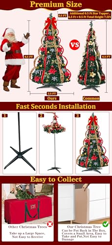 Amenon JT-DC300V0200-C 6.5 Ft Pop Up Full Christmas Tree Prelit Dual Color Change And Pre-Decorated Various Christmas Ornament Collapsible 1 Minute Tree 8 Mode 220 Warm White&Colored Lights Timer Xmas Holiday Outdoor Indoor thumb #1