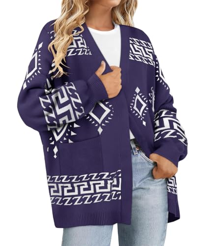 RITERA Plus Size Cardigan for Women Long Sleeve Open Front Sweaters Blue & White Geometry Casual Lightweight Sweatshirts Winters 4XL 26W
