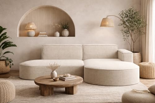 Kaiser Möbel - Ecksofa mit Wohnlandschaft, Eckcouch L-Form, Sofa 3-sitzer, Polstersofa, Bequemes Couch mit Ottomane für Wohnzimmer, Relaxsofa, Stilvolles Cord Sofa, Modena Studio, Beige, Rechts