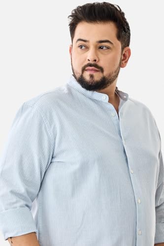 Image of SNITCH Men Casual Plus Size Shirt | Regular Fit Full Sleeve Mandarin Collar Striped Design | Premium Cotton Linen Blend & Breathable Fabric for Office & Everyday Wear