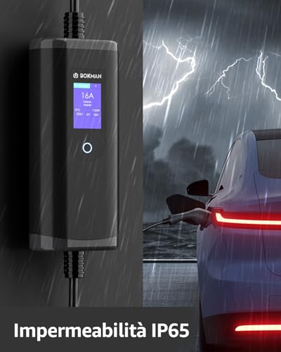 Bokman Wallbox 7,4 Kw Tipo 2 Cee [5 Metri | 6-32A | IP65 Impermeabile] Colonnina Ricarica Auto Elettrica Con Spina Cee, Compatibile Con Model Y/3, Q4, E-208, 500E, E Altri Ev/Phev - 5