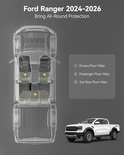 Image of 3W Floor Mats Fit for Ford Ranger SuperCrew 2024-2025 2026,1st & 2nd Row TPE Car Accessories Custom Fit All Weather Car Liner for Ford Ranger,Black