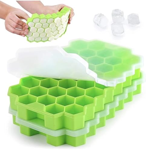 Image of Silicone Ice Cube Trays with Lids Pack of 2 Easy-Release Hexagon Ice Maker for Freezer, Reusable Food-Grade Ice Molds for Cocktail Bar, Whiskey, Iced Coffee & Home Kitchen (Green) (2)