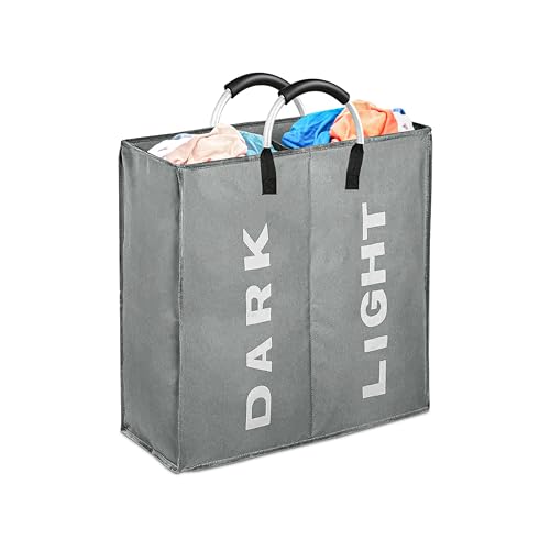 SPICOM 80L Laundry Basket with 2 Compartments Aluminium Handles Fabric Collapisable Foldable Laundry Bags Hamper Washing Storage Bin for Bedroom PE Coating Waterproof Texture (Double Dark Grey)
