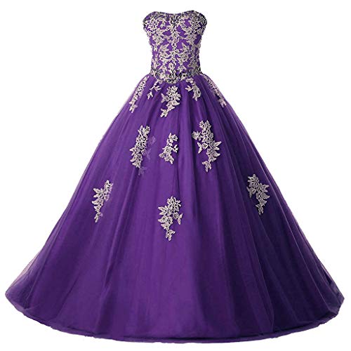 Vantexi Damen Elegante Tüll Lang Formellen Abendkleid Ballkleid Brautkleider mit Spitze Lila Größe 42