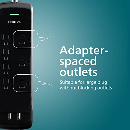 Philips 7-Outlet Surge Protector, 2 Usb Ports, 4 Ft Extension Cord, Power Strip, 1440 Joules, 2.4 Amp/12 Watt, 3 Adapter Spaced Outlets, Flat Plug, Wall Mount, Etl Listed, Black, Spp6270Bc/37 #TOP2