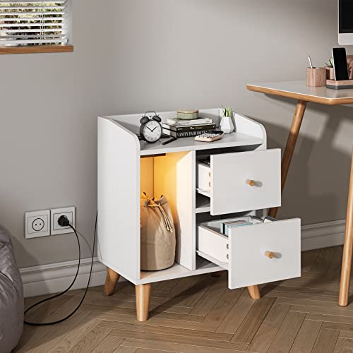 Saudism Led Nightstand With Wireless Charging Station, Rgb Lights Night Stands For Bedroom, Smart Charging Bedside Table End Table With Two Drawers And Open Shelves (White) #TOP6