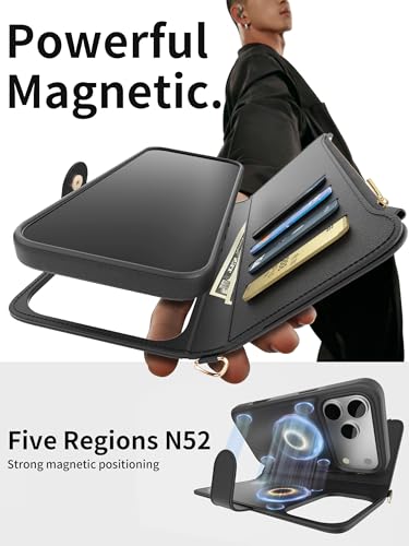 for iPhone 17 Pro Max Detachable Wallet Case with Crossbody.Multi-Function 2 in 1 Magnetic Wallet Case with Card Holder.Flip Strap Zipper Phone Case with Shoulder Straps (Black, iPhone 17 Pro Max) — view 2