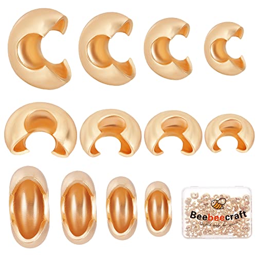 Beebeecraft 120Pcs 4 Size Crimp Bead Covers 18K Gold Plated Brass Half Round Open Crimp Beads End Tip 4mm/5.5mm/6mm/7.5mm for Jewellery Makings