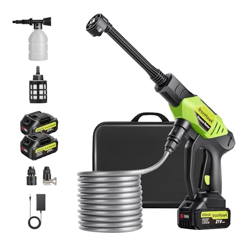 IronHawk Nettoyeur Haute Pression sans Fil, Pistolet de Lavage sur Batterie 380W Moteur sans Balais, 800 PSI avec Buse 6 en 1, 2 Batteries 4000mAh et 6M Tuyau,...