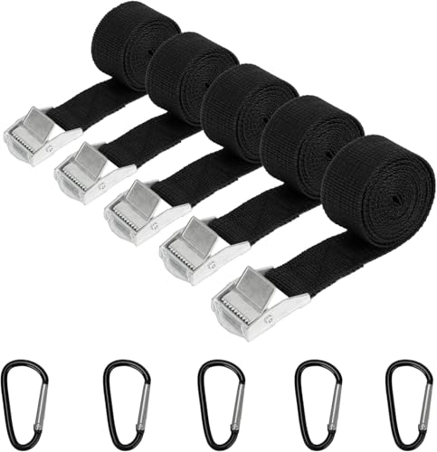 5Pcs Tie Down Straps, Heavy Duty Tensioning Belt, Adjustable Mini Ratchet Straps 2M, 25mm Lashing Strap with 4 Carabiner Clip for Cargo, Motorcycle, Trucks, Trailer, Luggage, Quick Release (Black)
