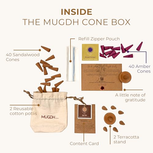 Image of Mugdh Natural Incense Cones Combo - Chandan & Amber | Bambooless, Low Smoke, Charcoal Free Dhoop Cones | 80 Organic dhoop batti | Free Cotton Potli & Dhoop Stand | Home Fragrance, Pooja & Meditation