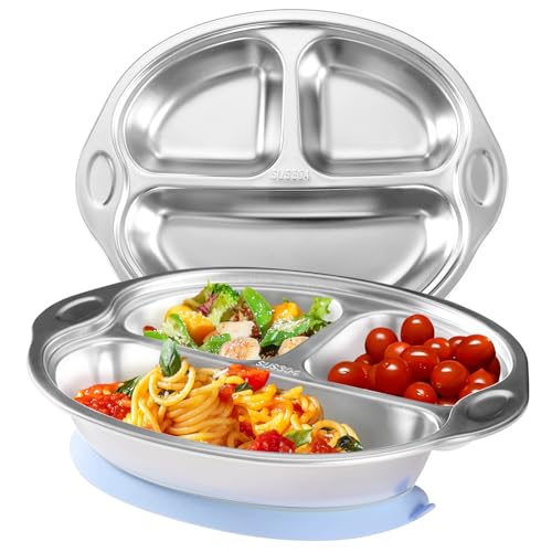 Image of Mrs. Chou Stainless Steel Baby Suction Plates: Divided Plates for Babies and Toddlers, Made of 100% Food-Grade Materials Ideal for Baby-Led Weaning BPA-Free Toddler Feeding Dishwasher Safe Purple