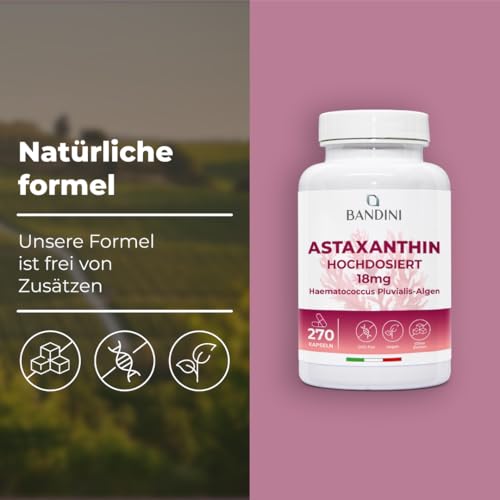Bandini® Pure Astaxanthin 18 mg pro Kapsel, 270 Kapseln, 9 Monate Vorrat (1 Kapsel pro Tag), Alge Haematococcus Pluvialis - Natürliches Astaxanthin, frei von Magnesiumstearat, GMO-frei