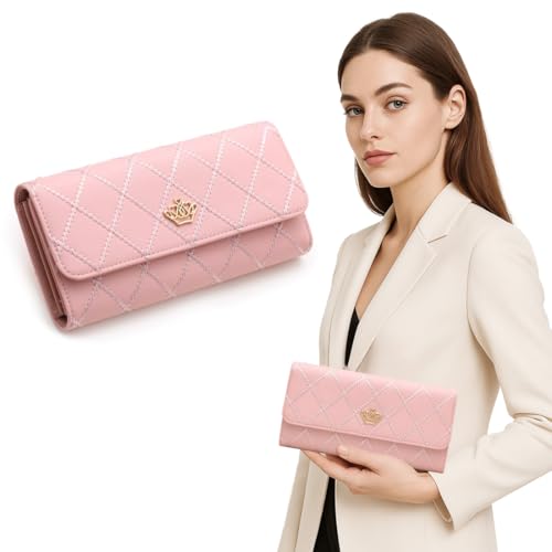 KEWUF Brieftasche Damen, Dreifach Gefaltete Brieftasche, Geldbörse Damen Gross, Mit Viel Kartenfächer Wallet, Portmonee Damen, Lange Multifunktionale Brieftasche Mit Rautensteppung(Rosa)