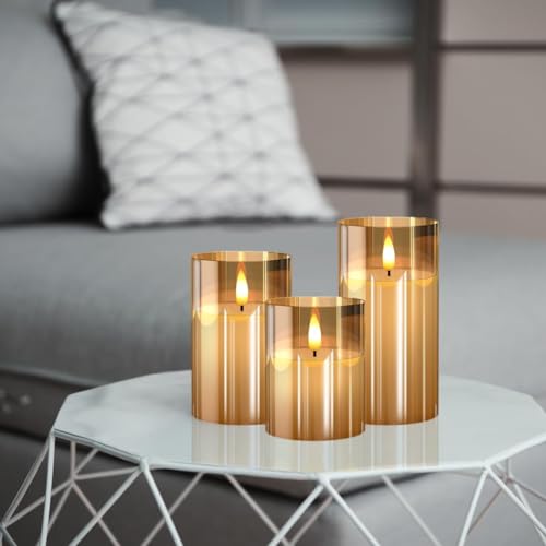 Image of Amazon Basics Flameless LED Candles with Remote Controller & Timer | Golden Acrylic Fiber Glass | Set of 3 | (Golden)