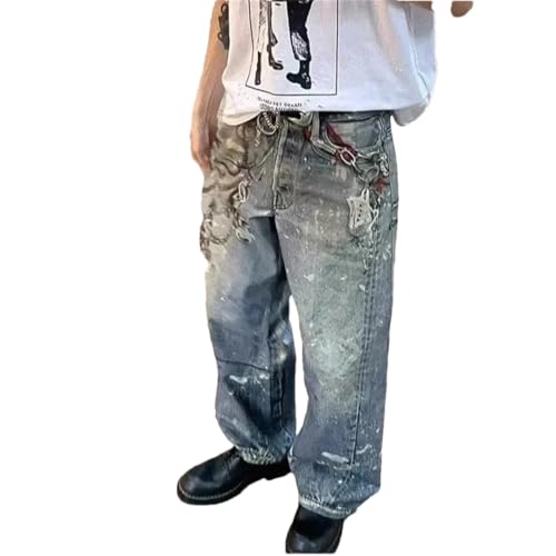 Men's Summer Loose-Fit Denim Pants with Chain Printing Sensibility High Street Vintage Jeans - Main Image