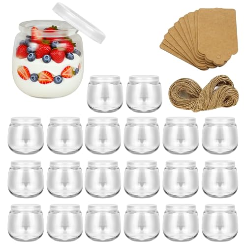 Hbazzor 200 ml Durchsichtige Joghurtgläser mit Deckel (20 Stück),Dessertgläser Mit Deckel,mit Seil und Anhänger,Für Marmelade, Honig, Desserts, Kerzen, Spülmaschinen-,Gefrierschrank- &Mikrowellenfest