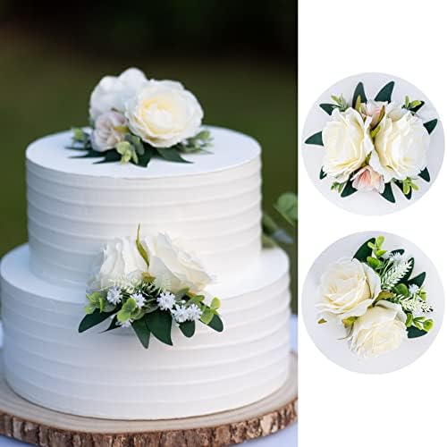 Joy Ceremony Wedding Cake Decorations, Artificial Birthday Cake Flower Arrangement, Rose Flower Wedding Cake Toppers (Ivory)