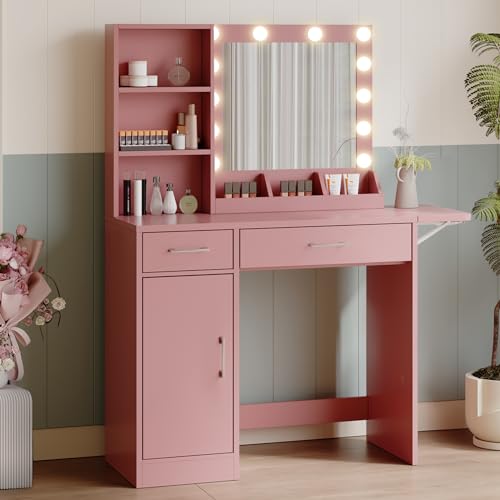 anwickjeff Makeup Vanity Desk with LED Lighted Mirror, Adjustable Brightness, Modern Dressing Table w/Storage Drawers & Cabinet for Bedroom Girls Women (Pink)