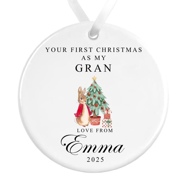 Your First Christmas as my.. Bauble | Christmas Rabbit Ceramic Decoration | Personalised Name Baby First Christmas Custom Ornament (Organza Bag, Gran, White Ribbon)